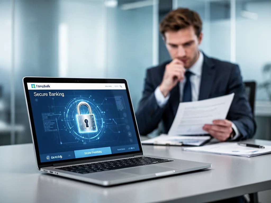 Nowoczesny laptop z ikoną kłódki i interfejsem bankowym na biurku, symbolizujący bezpieczne zarządzanie finansami online.